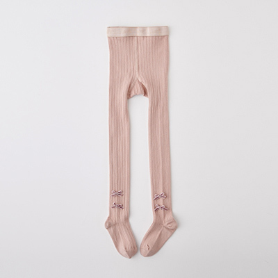 COLLEGIEN KIDS Capucine-Ribbed tights with velvet bowsi331 vieux rose j3/4A- 9/10A