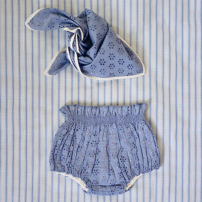BONJOUR 2024SS  BABY SET: REVERSIBLE BLOOMER+SCARF 50*50 Blue broderie anglaise cotton voile 2A
