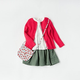 BONTON BLOUSE, SKIRT, CARDIGAN, BAG, SANDALS