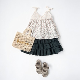 BONTON BLOUSE, SKIRT, BAG, SANDALS