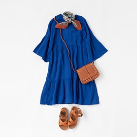 BONTON DRESS, SCARF, BAG, SANDALS