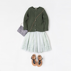BONTON SKIRT, CARDIGAN, BAG, PEPE SANDALS