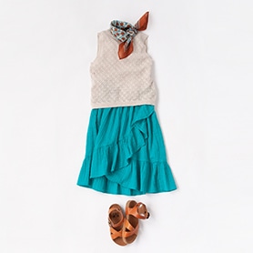 BONTON KNIT, SKIRT, SCARF, SANDALS