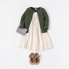 BONTON DRESS, CARDIGAN, SCARF, PEPE SANDALS