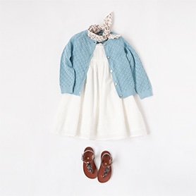 BONTON DRESS, CARDIGAN, SCARF, PEPE SANDALS