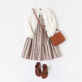 BONTON DRESS, CARDIGAN, BAG, PEPE SANDALS