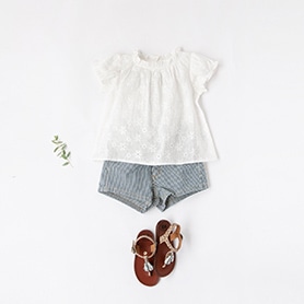 BONTON BLOUSE, BELLEROSE SHORT PANTS, PEPE SANDALS