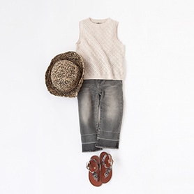 BONTON TOP, BELLEROSE PANTS, SANS-ARCIDET HAT, PEPE SANDALS