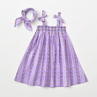 BONJOUR 2022SS キッズ スカーフ付きワンピース（Purple hand block flower stripe print - coton voile パープル）8A-10A