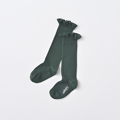 COLLEGIEN BABY Josephine-Lace-Trim Ribbed Knee-high Socks（785 vert foret ）21/23