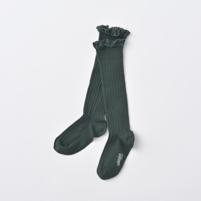 COLLEGIEN KIDS Josephine-Lace-Trim Ribbed Knee-high Socks（785 vert foret ）24/27-32/35