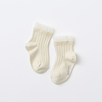 COLLEGIEN BABY Margaux-Tulle Frill Ribbed Ankle Socks（037 doux agneaux）18/20-21/23