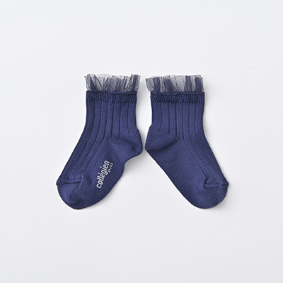 COLLEGIEN BABY Margaux-Tulle Frill Ribbed Ankle Socks（044 nuit etoilee）21/23