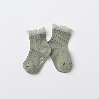 【12/14まで20%OFF】COLLEGIEN BABY Margaux-Tulle Frill Ribbed Ankle Socks（188 sauge）21/23