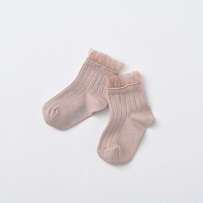 COLLEGIEN BABY Margaux-Tulle Frill Ribbed Ankle Socks（331 vieux rose）18/20-21/23