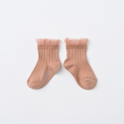 COLLEGIEN BABY Margaux-Tulle Frill Ribbed Ankle Socks（723 bois de rose）21/23