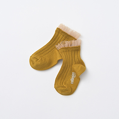 COLLEGIEN BABY Margaux-Tulle Frill Ribbed Ankle Socks（C37 moutarde de dijon）21/23