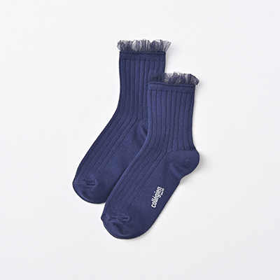COLLEGIEN KIDS Margaux-Tulle Frill Ribbed Ankle Socks（044 nuit etoilee）36/38