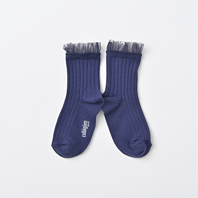COLLEGIEN KIDS Margaux-Tulle Frill Ribbed Ankle Socks（044 nuit etoilee）24/27-32/35