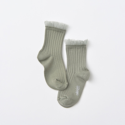 【12/14まで20%OFF】COLLEGIEN KIDS Margaux-Tulle Frill Ribbed Ankle Socks（188 sauge）24/27-32/35