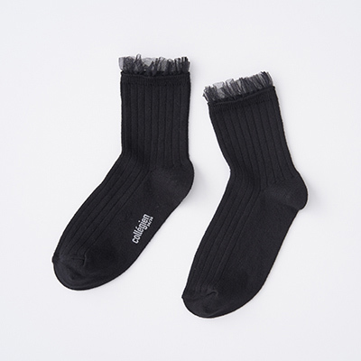 COLLEGIEN KIDS Margaux-Tulle Frill Ribbed Ankle Socks（171 Noir de Charbon ）36/38