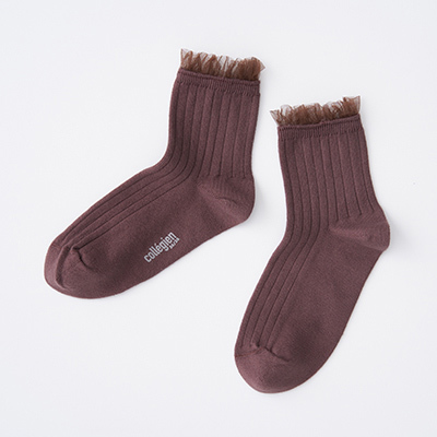 COLLEGIEN KIDS Margaux-Tulle Frill Ribbed Ankle Socks（786 Chocolat au lait ）36/38