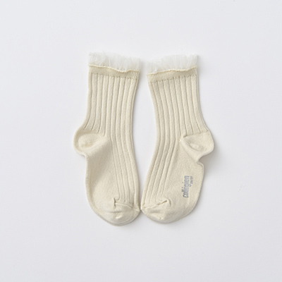 COLLEGIEN KIDS Margaux-Tulle Frill Ribbed Ankle Socks（037 doux agneaux ）36/38