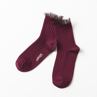COLLEGIEN KIDS Margaux-Tulle Frill Ribbed Ankle Socks（640 Bordeaux Grand Cru ）36/38