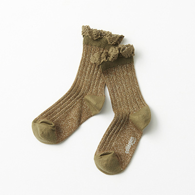 COLLEGIEN KIDS Victorine-Glitter Ribbed Crew Socks with Lace Trim（533 orive du luberon ）24/27-28/31