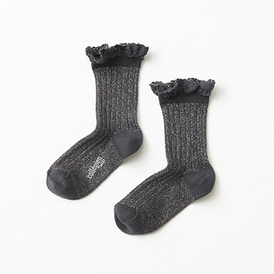 COLLEGIEN KIDS Victorine-Glitter Ribbed Crew Socks with Lace Trim（783 pierre de volvic ）24/27-32/35