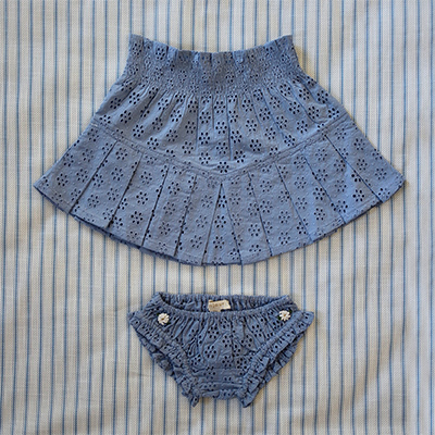 BONJOUR 2024SS KIDS SET PLEATED SKIRT + PANTY Blue broderie anglaise organic voile 4A-6A