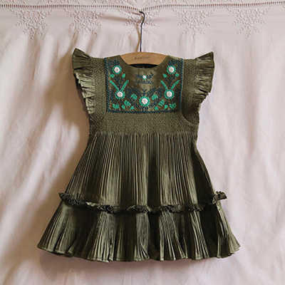 BONJOUR 2025AW KIDS Dress pleated kaki taffetas 10A