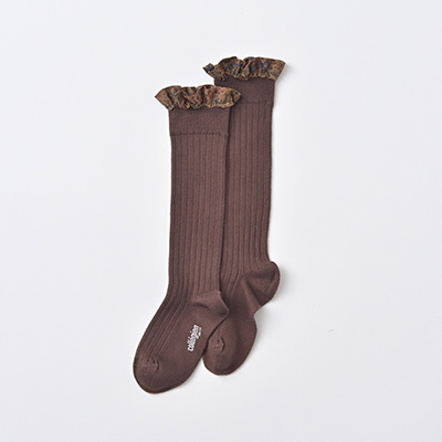 COLLEGIEN Elisabeth-Liberty Ruffle Ribbed Knee-high Socksi786 chocolat au laitj12`20cm