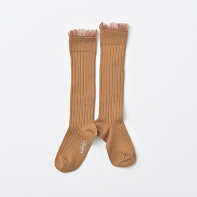 COLLEGIEN Manon-Tulle Frill Ribbed Knee-high Socksi779 caramel au beurre salej12`16cm