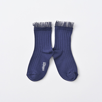 COLLEGIEN Margaux-Tulle Frill Ribbed Ankle Socksi44 nuit etoileej12`16cm