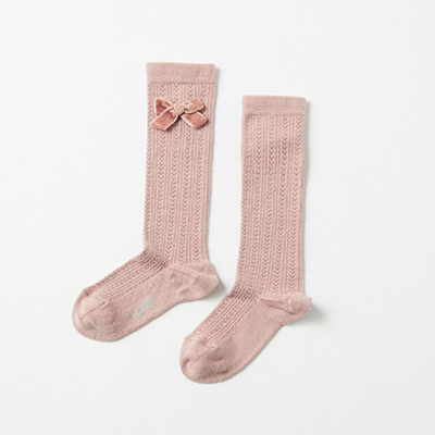 COLLEGIEN Isaure-Chaussettes hautes en laine Merinos avec noeudi331 Vieux Rosej14`20cm