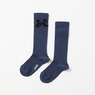 COLLEGIEN Isaure-Chaussettes hautes en laine Merinos avec noeudi44 Nuit Etoileej14`16cm