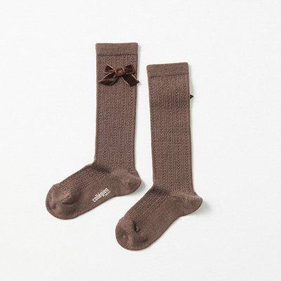 COLLEGIEN Isaure-Chaussettes hautes en laine Merinos avec noeudi786 Chocolat au laitj14`16cm