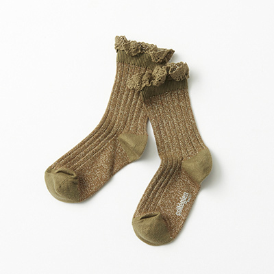 COLLEGIEN Victorine-Glitter Ribbed Crew Socks with Lace Trimi533 orive du luberonj14`20cm