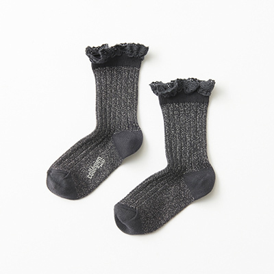 COLLEGIEN Victorine-Glitter Ribbed Crew Socks with Lace Trimi783 pierre de volvicj14`16cm